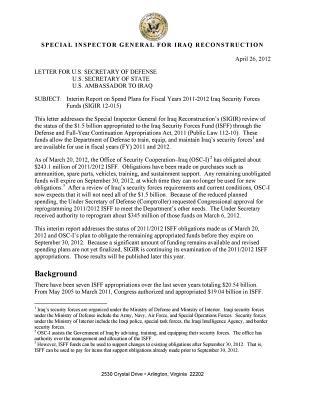 Full Download Interim Report on Spend Plans for Fiscal Years 2011-2012 Iraq Security Forces Funds [electronic Resource]. - Office of the Investigator General | ePub